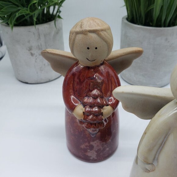 Ceramic or Pottery Red Cream Blue Vintage 3pc Angel Set - Picture 5 of 11